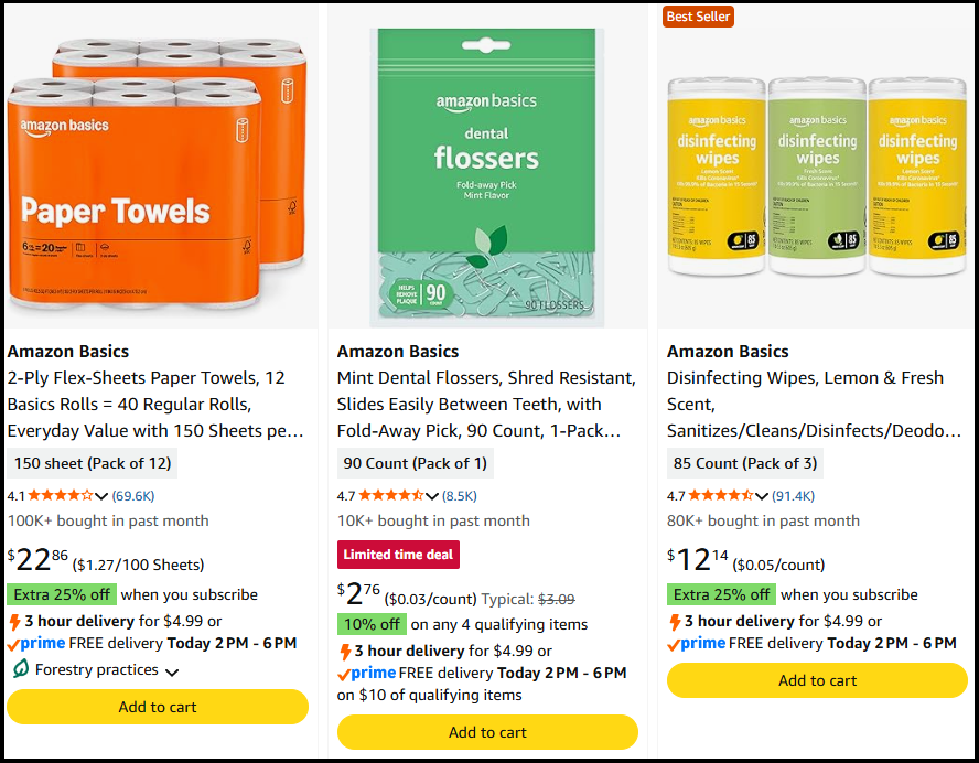 Un'immagine di tre prodotti Amazon.com che mostra un pulsante «aggiungi al carrello» sotto ogni prodotto.
