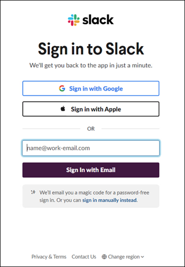 Slack sign-in page with options for Google, Apple, or email authentication.