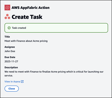 Task creation confirmation with details and a link to view in Asana.