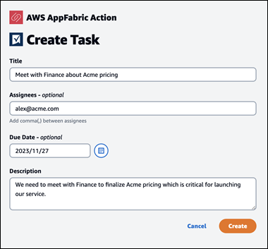 Create Task form with fields for title, assignees, due date, and description for an AWS AppFabric Action.