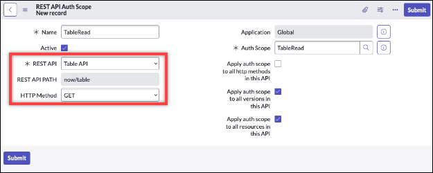 OAuthconfigurazione dell'app in ServiceNow.