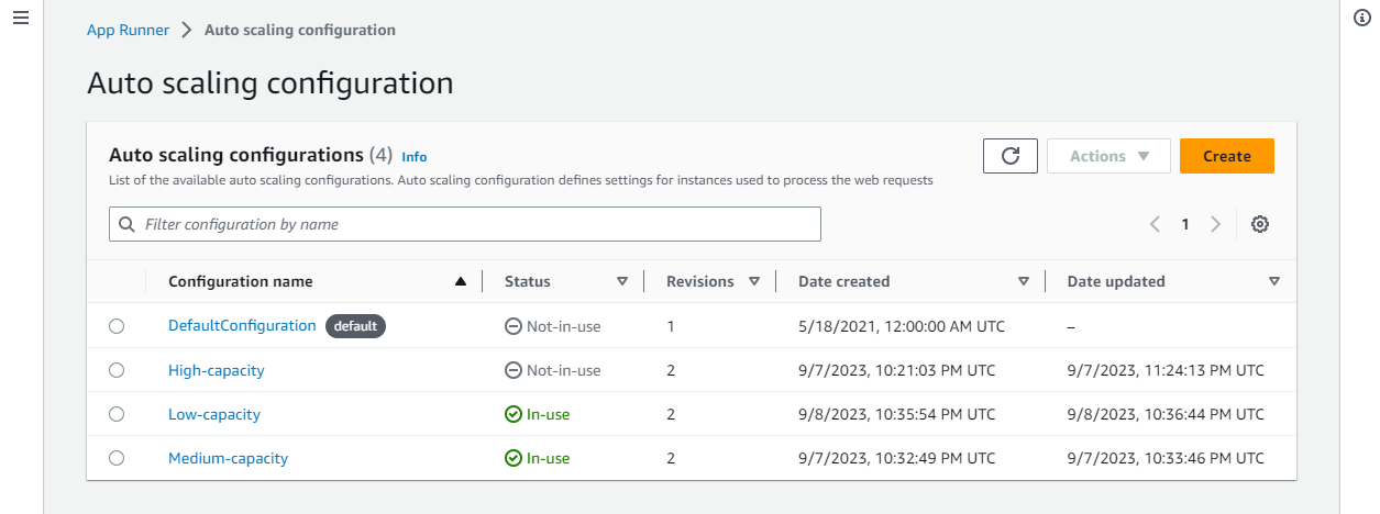 Pagina delle configurazioni di App Runner Auto Scaling