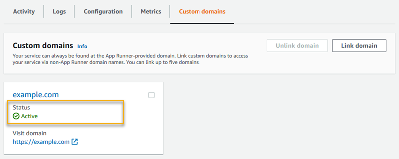 La scheda Domini personalizzati nella pagina della dashboard del servizio App Runner, che mostra un riquadro di dominio personalizzato