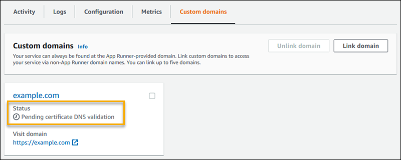 La scheda Domini personalizzati nella pagina della dashboard del servizio App Runner, che mostra un riquadro di dominio personalizzato