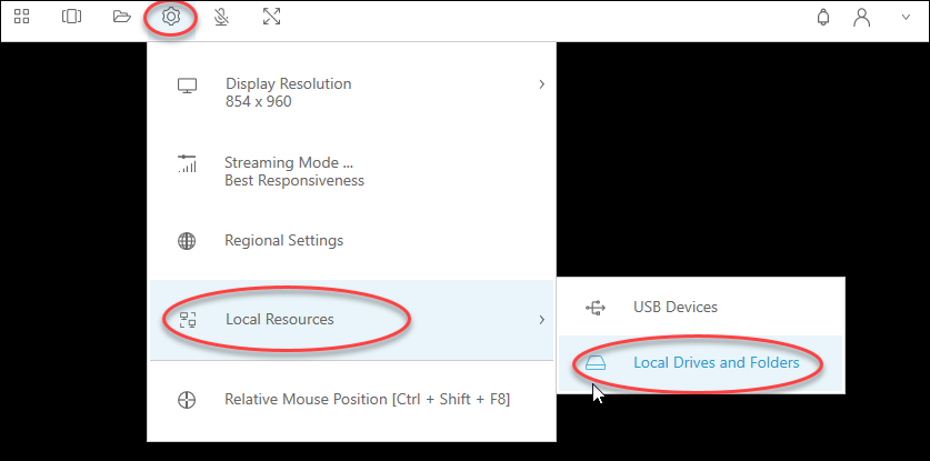 Settings menu with Local Resources option and submenu showing Local Drives and Folders.