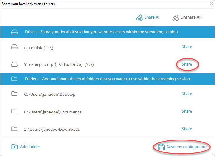 Dialog for sharing local drives and folders, with options to share specific items.