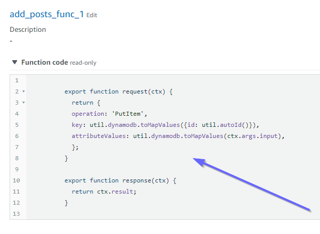 Function code showing request and response methods for a PutItem operation.