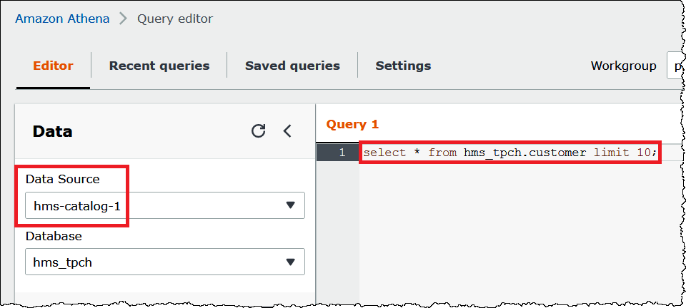 Una DML query che utilizza un'origine dati predefinita.