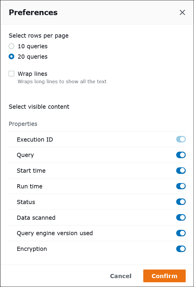 Configurazione della visualizzazione delle query recenti.