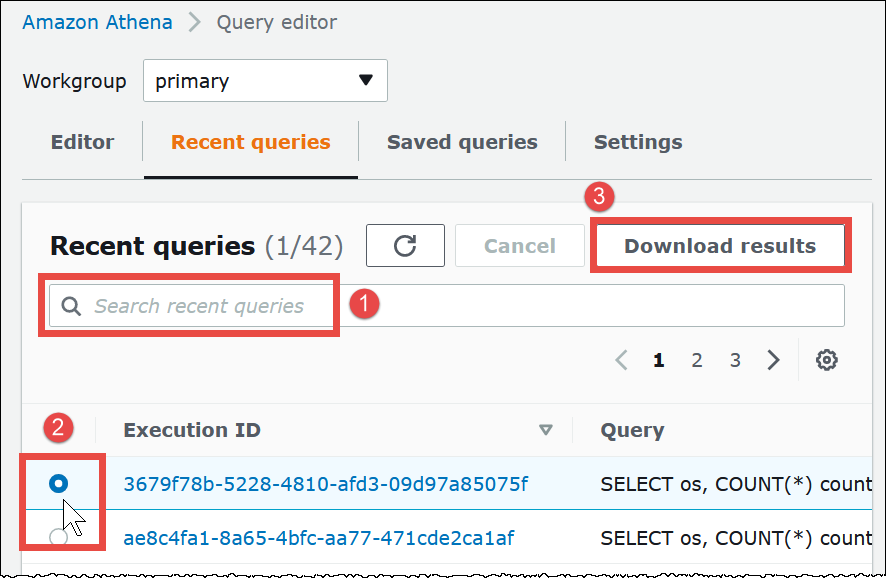 Scegli Recent queries (Query recenti) per trovare e scaricare i risultati delle query precedenti.