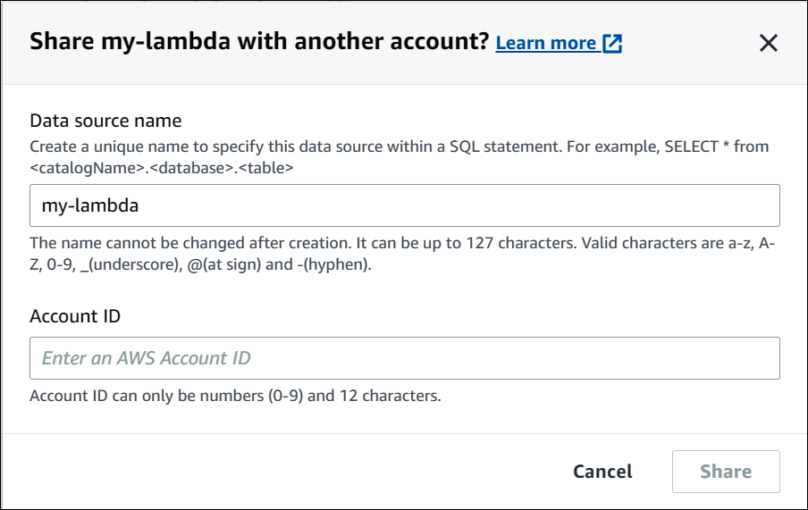 Inserisci il nome e l' Account AWS ID della fonte di dati.