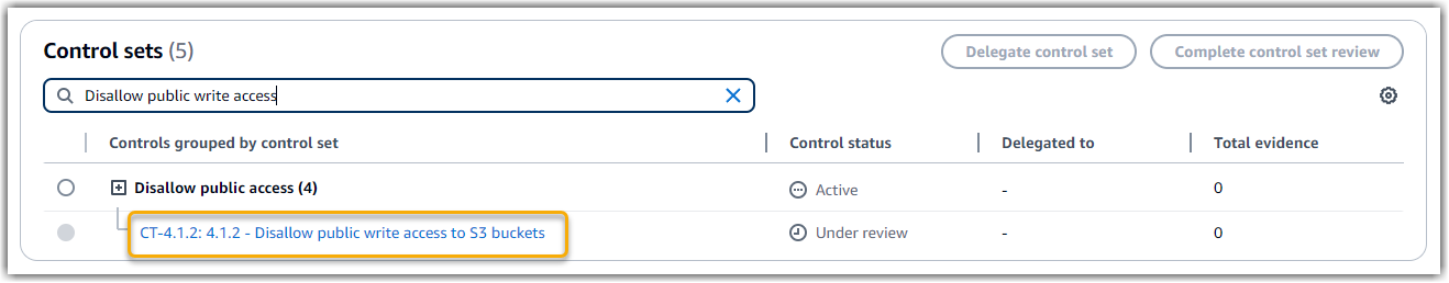 Schermata che mostra il AWS Config controllo in una valutazione.