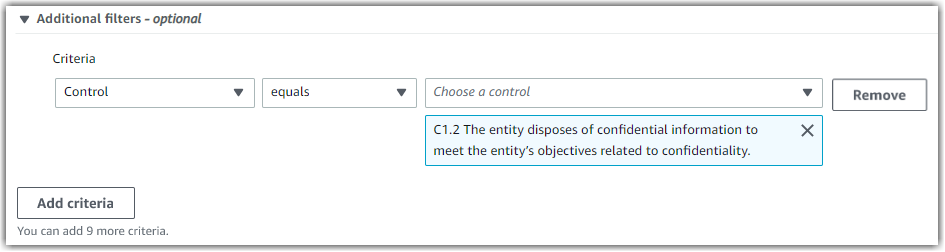 Un filtro aggiuntivo per un controllo specifico in evidence finder.