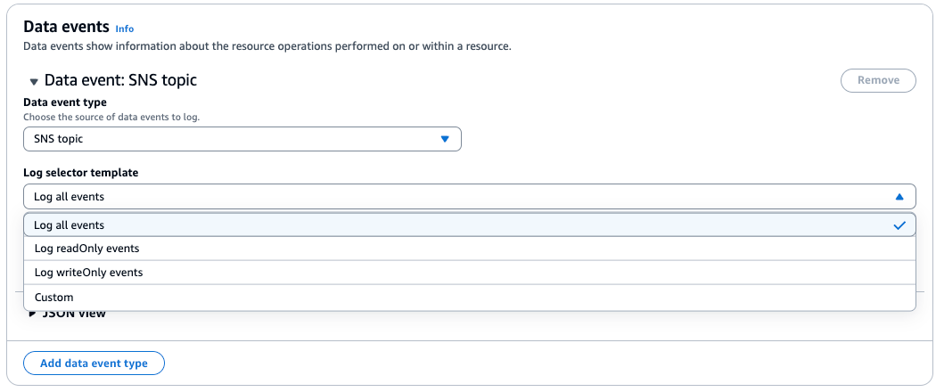 Scegli il modello di selettore di log per gli eventi relativi ai dati