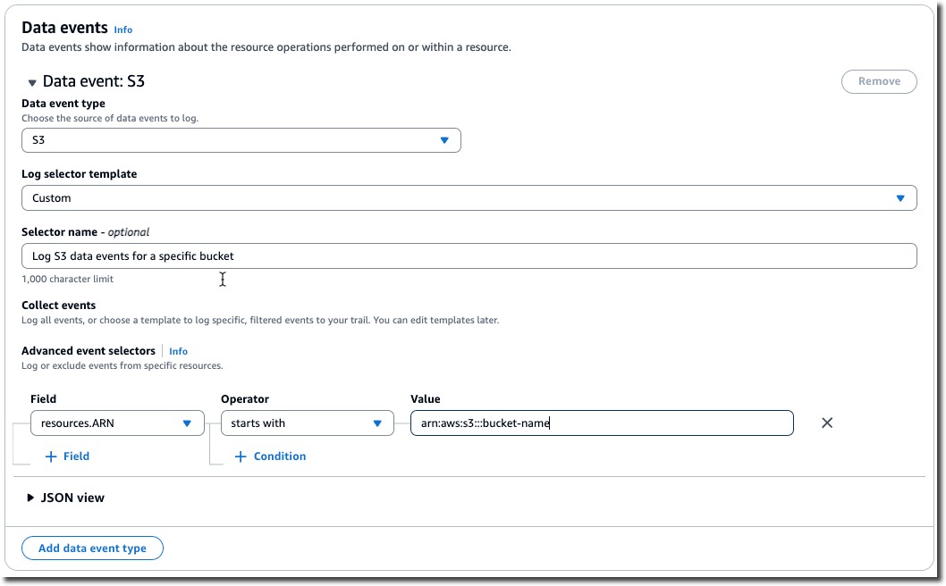 Filtra gli eventi relativi ai dati S3 per resources.ARN