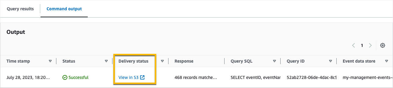 Stato di consegna delle query nella scheda Output del comando