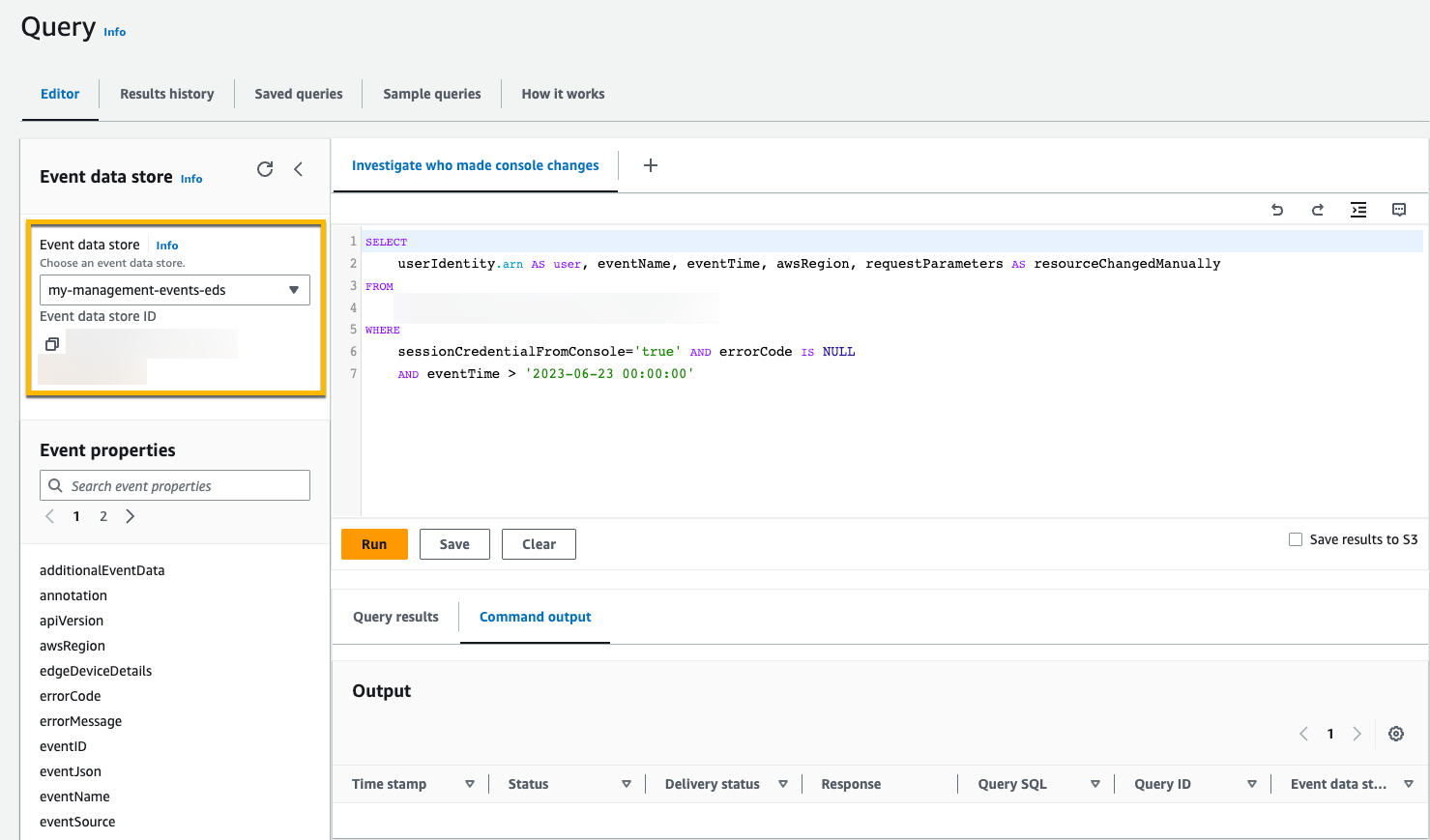 Scelta del datastore di eventi per la query