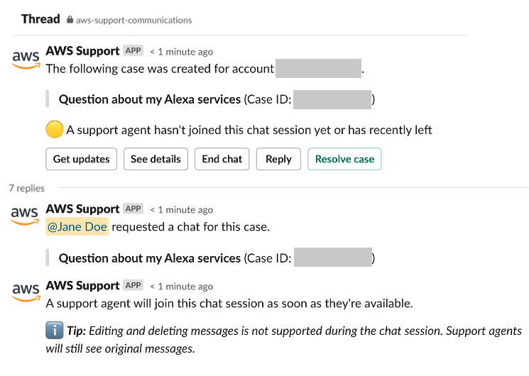 AWS Support chat interface showing a case about Alexa services with status updates.