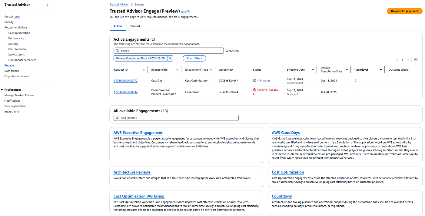 Visualizza la dashboard Engagements in Trusted Advisor Engage.