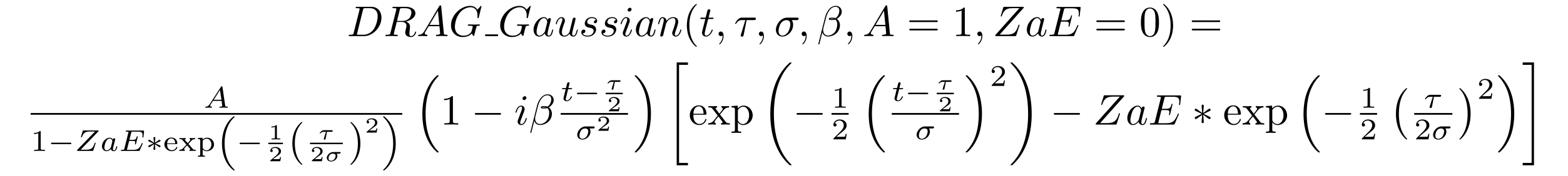 Equazione matematica per la distribuzione DRAG gaussiana con parametri t, tau, sigma, beta, A=1 e zaE=0.