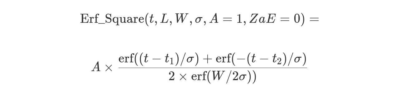 Equazione matematica per la distribuzione quadrata di Erf con parametri t, lunghezza, larghezza, sigma, A=1 e zaE=0.