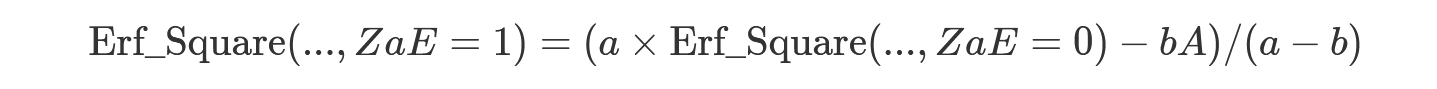 Equazione matematica per la distribuzione quadrata di Erf ridimensionata con parametri ZaE=1.