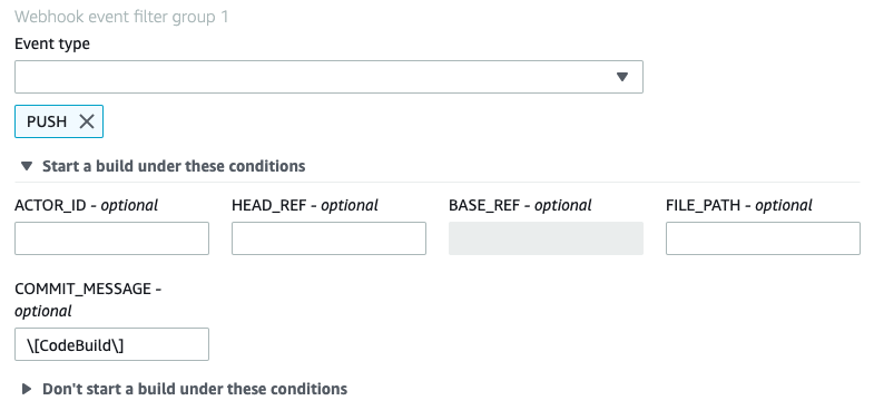 Un gruppo di filtri webhook che attiva una build per un evento push quando il messaggio di head commit corrisponde all'espressione regolare.