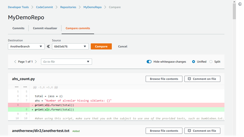 Confronto fra un commit e la parte superiore di un ramo in visualizzazione doppia