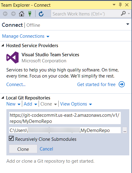 Clonazione di un repository in Visual Studio.