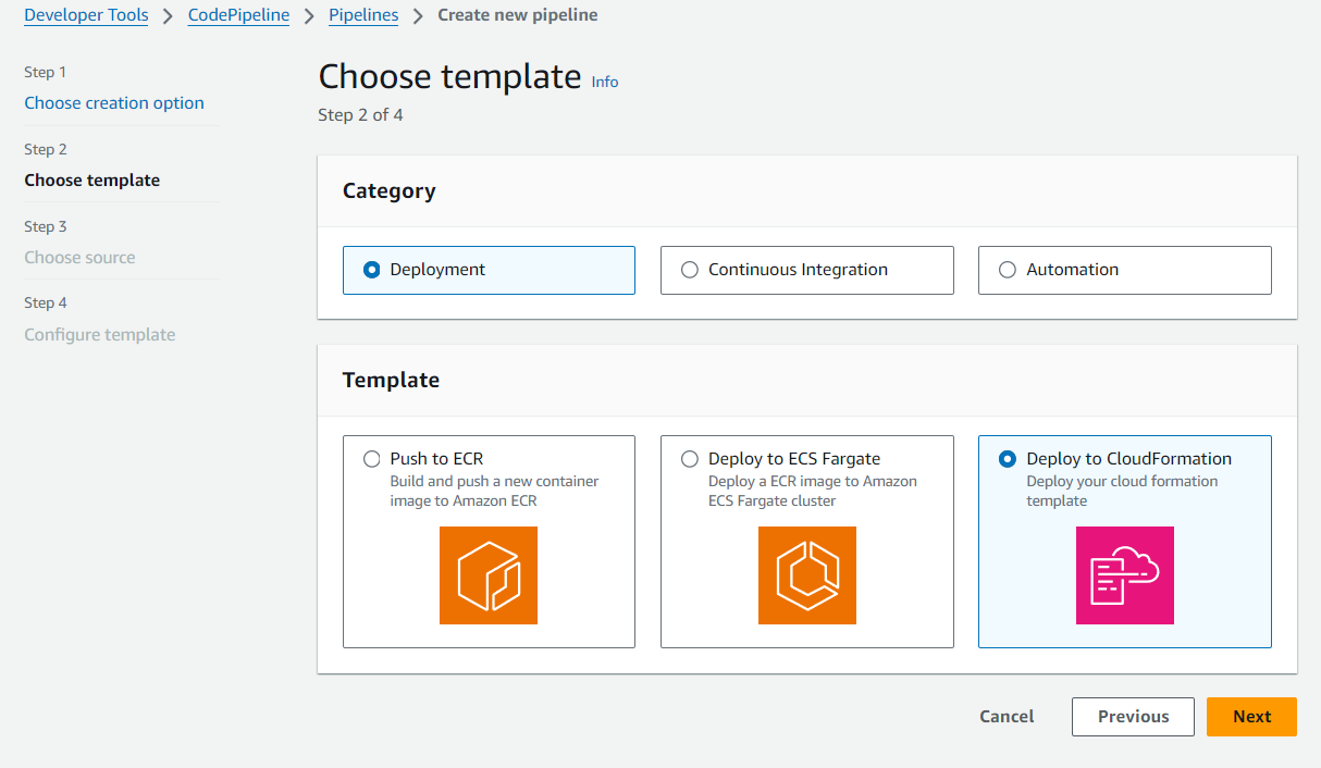 Immagine che mostra l'opzione di scelta del modello con la CloudFormation distribuzione selezionata nella procedura guidata