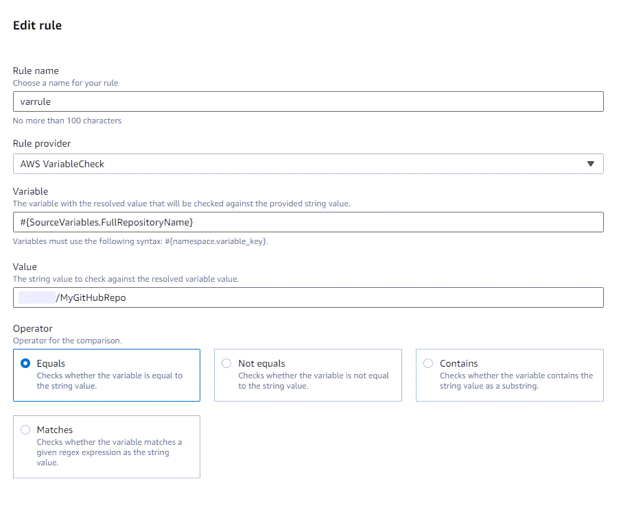 La pagina di creazione della regola per il controllo della variabile «è uguale a»