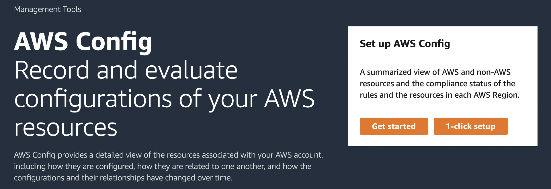 L'immagine nella pagina AWS Config Console offre una panoramica del AWS Config servizio, sottolineandone il ruolo nella registrazione e nella valutazione delle modifiche alla configurazione delle risorse. AWS