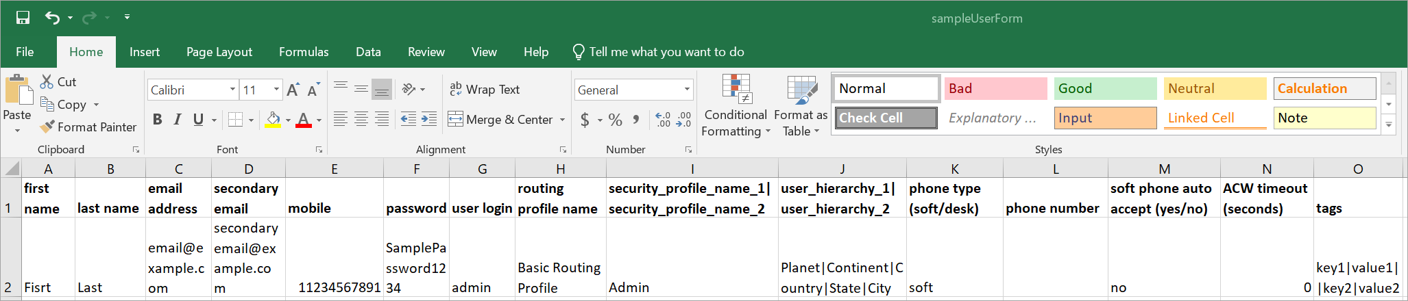 Modello CSV in un foglio di calcolo di Excel.