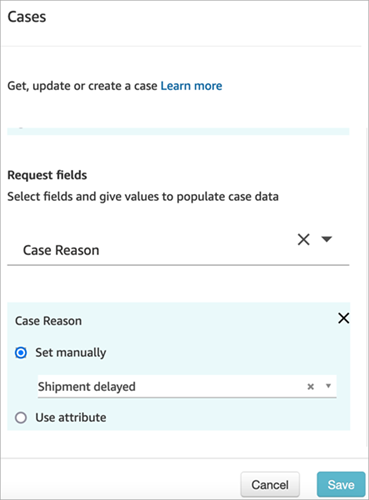 Il blocco Crea un caso con il motivo del caso impostato su Imposta manualmente o Spedizione ritardata.