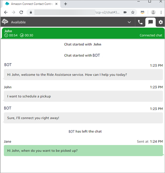 Ccp, una chat di connect, trascrizione di una chat tra cliente e bot.