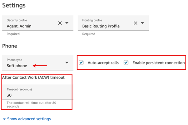 Le impostazioni Accetta automaticamente le chiamate, After Contact Work timeout e Abilita connessione persistente.