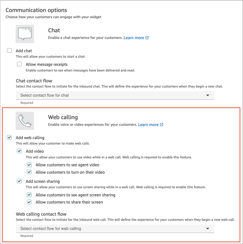 La pagina del widget di comunicazione configurata per le chiamate web, i video e la condivisione dello schermo.