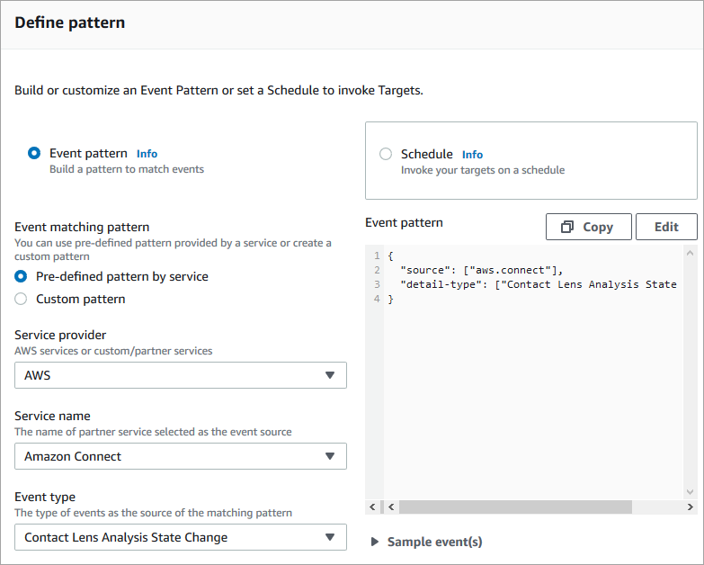 La sezione Event pattern della nuova pagina delle EventBridge regole.