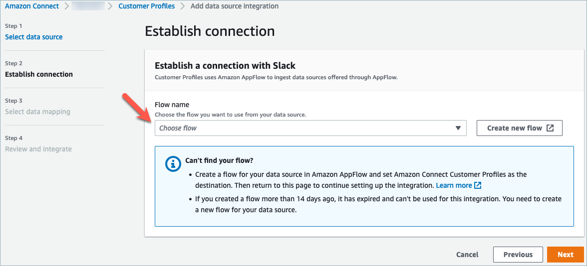 Selezione del nome di un flusso per stabilire una connessione.