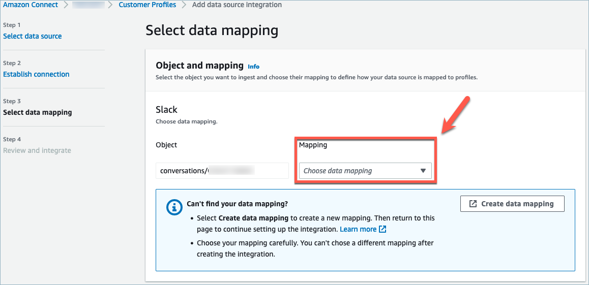 Seleziona la pagina di mappatura dei dati, la casella a discesa di mappatura.