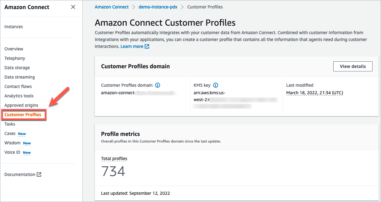 La pagina Profili cliente Amazon Connect.