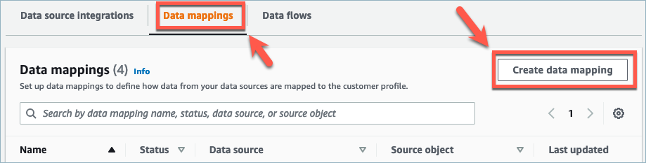 La scheda di mappatura dei dati, il pulsante di creazione della mappatura dei dati.