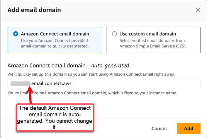 La casella Aggiungi dominio e-mail, l'opzione del dominio e-mail Amazon Connect.