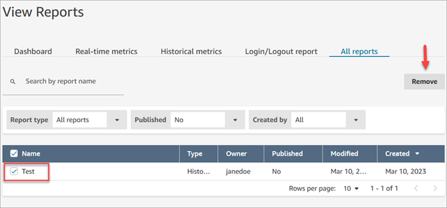 La pagina Visualizza report, il pulsante Rimuovi.