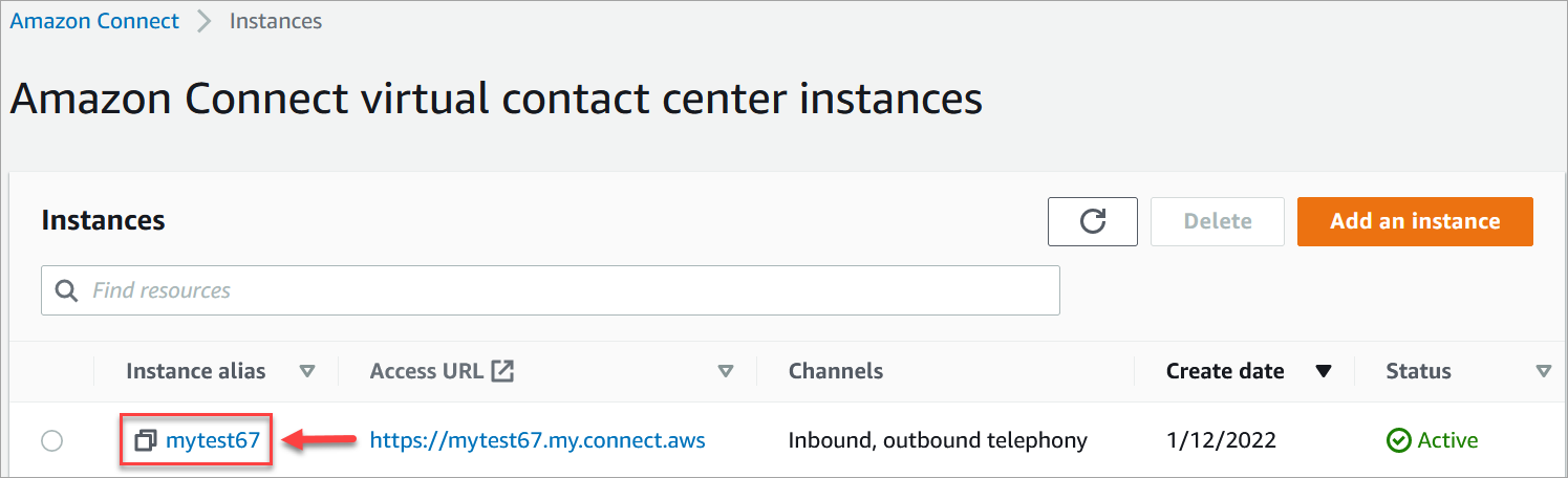 La pagina delle istanze del contact center virtuale di Amazon Connect, l'alias dell'istanza.
