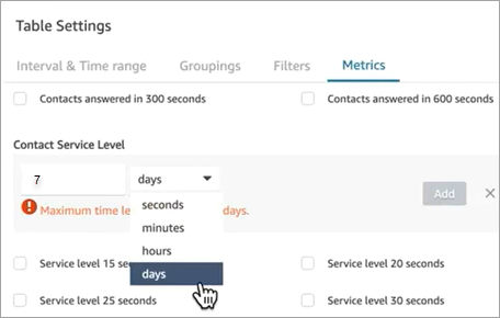 Table Settings interface showing options for Contact Service Level with a dropdown menu for time units.