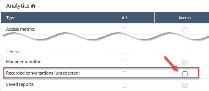 Opzione Conversazioni registrate (non oscurate) nella pagina dei profili di sicurezza.