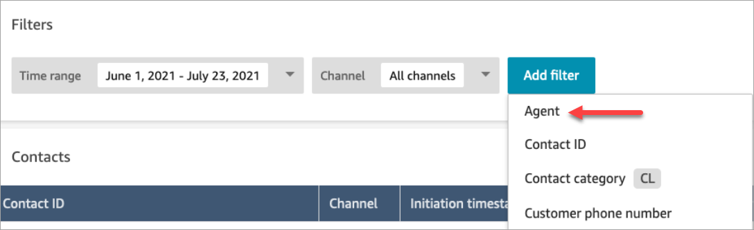 Filters interface showing time range, channel selection, and Add filter dropdown with Agent option highlighted.