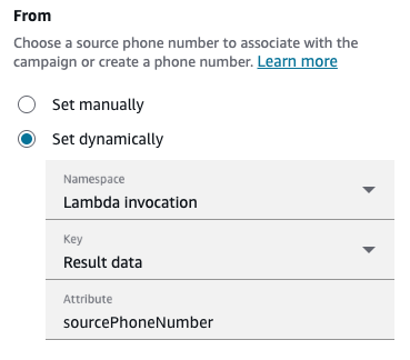 Il campo From è impostato dinamicamente con Namespace impostato su invocazione Lambda, Key impostato su Result data e Attribute impostato su source. PhoneNumber
