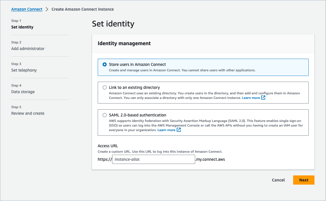 Imposta le opzioni di gestione delle identità e inserisci un URL di accesso per i clienti.